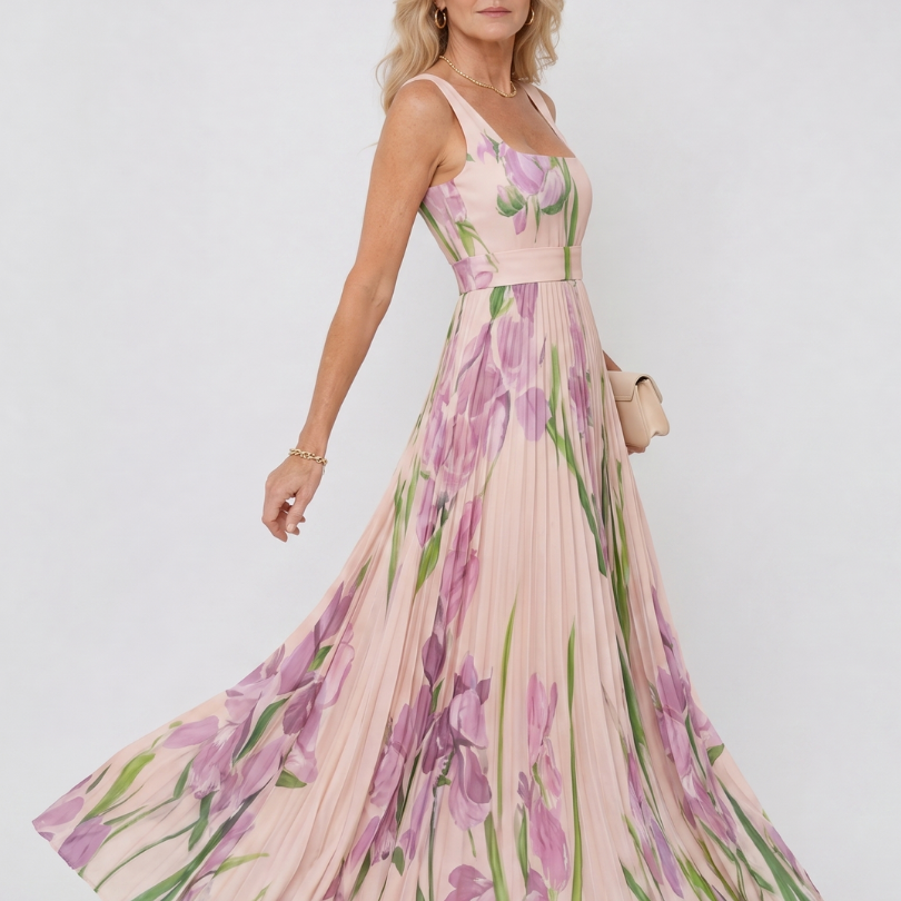 Fustan Midi Pa Rripa në Satin me Dekolte Katror dhe Stil Elegant