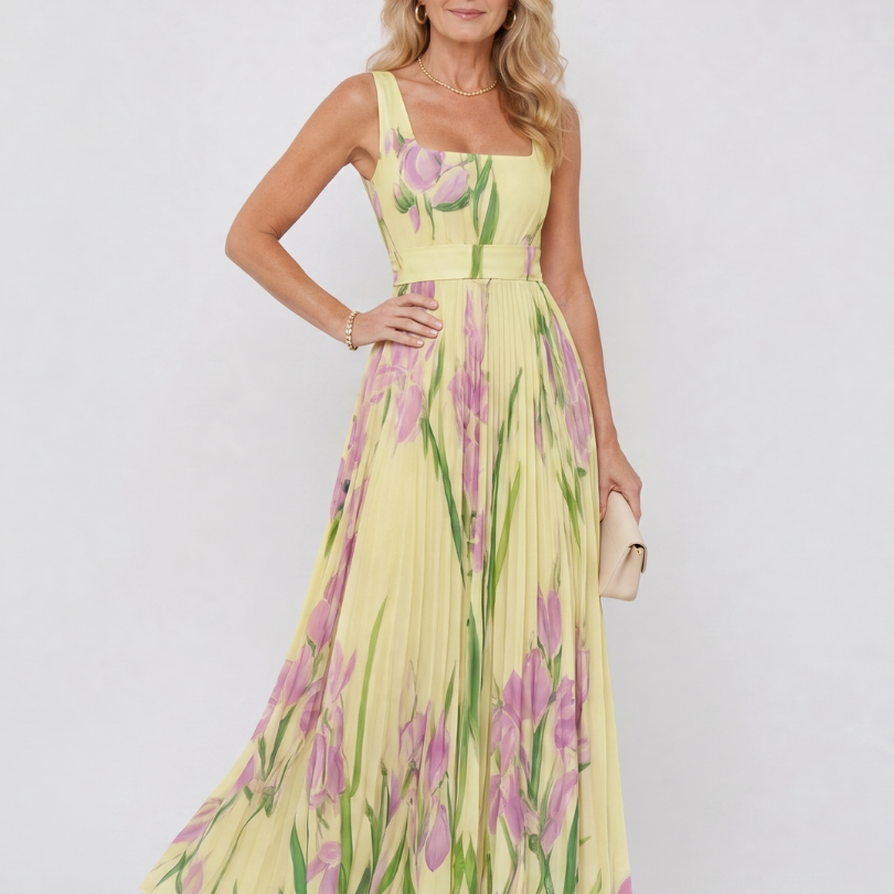 Fustan Midi Pa Rripa në Satin me Dekolte Katror dhe Stil Elegant
