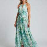 Midi Portia -dress made of pleated crepe with halterneck and floral pattern
