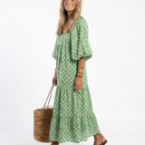 Céline | Midi-mekko, jossa on kuvio, kolmannes hihat ja V-pääntie