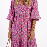 Céline | Midi-mekko, jossa on kuvio, kolmannes hihat ja V-pääntie