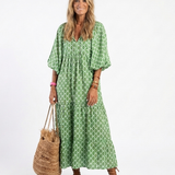 Céline | Midi-mekko, jossa on kuvio, kolmannes hihat ja V-pääntie