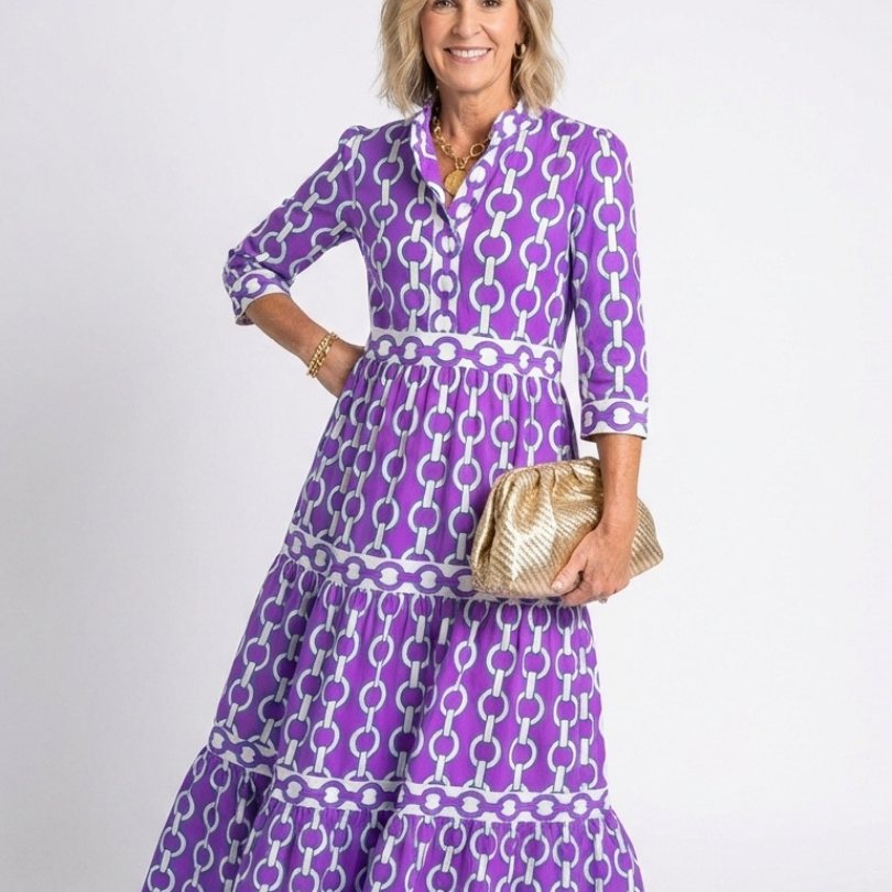 Pauline | Kolmen neljänneksen hihoilla varustettu midi-mekko, jossa on ketjumallinen kuvio